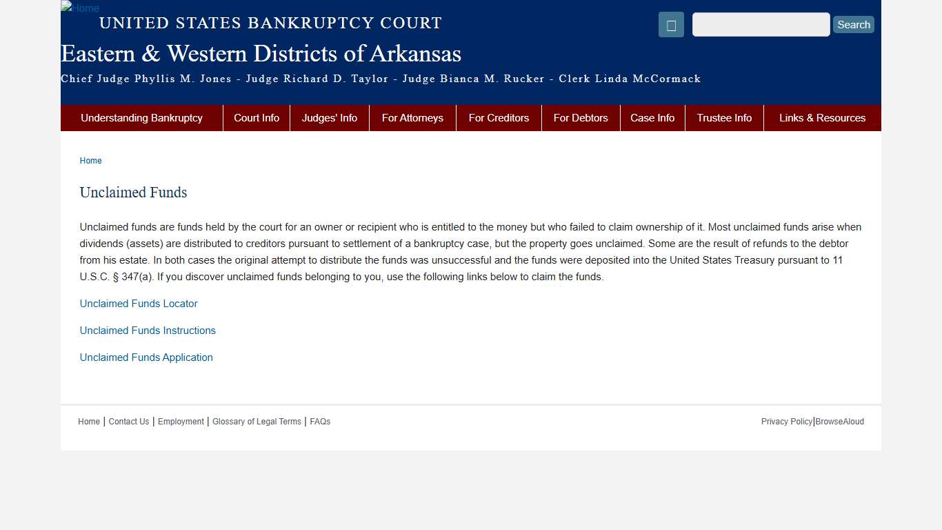 Unclaimed Funds | Eastern & Western Districts of Arkansas | United States Bankruptcy Court